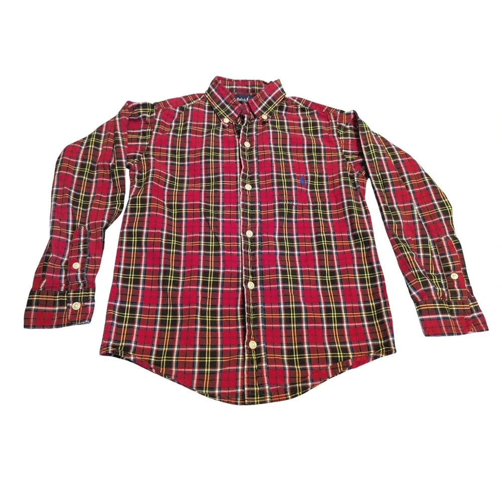 Ralph Lauren Kids Red Tartan Plaid Button Down Shirt Sz 6 Long Sleeve Pony Logo